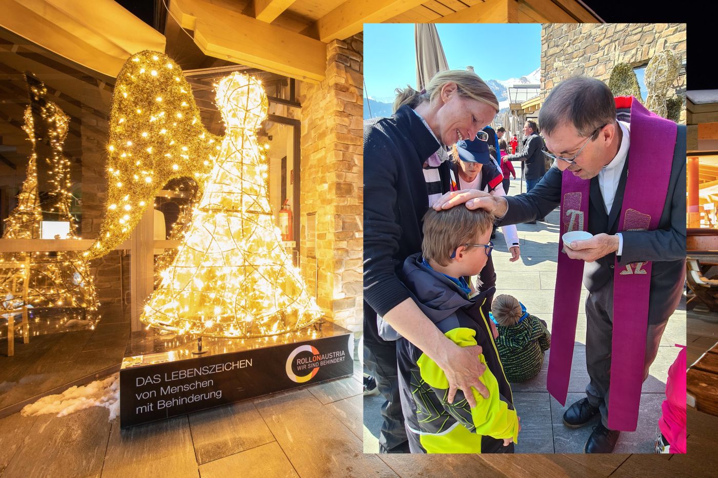 Das leuchtende Denkmal und Pfarrer segnet Kind mit Down Syndrom